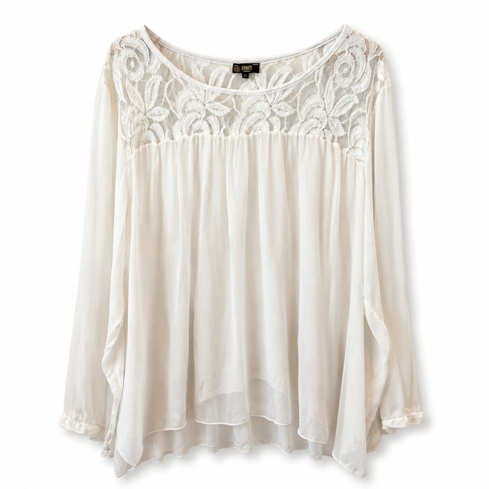 Amanti 100% Silk Lace Yoke Boho Blouse Womens 2X White Lined Made in Italy